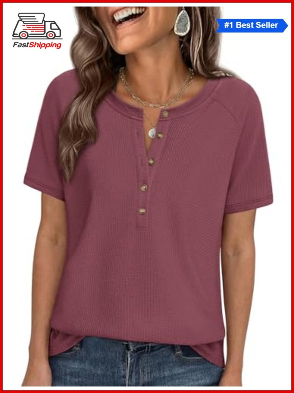✨PRETTYGARDEN Waffle Knit Henley Top Short Sleeve Womens Casual T-Shirt
